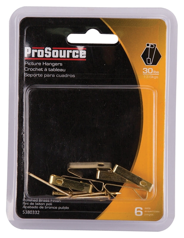ProSource PH-122306-PS Picture Hanger, 30 lb, Steel, Polished Brass, Brass, Nail