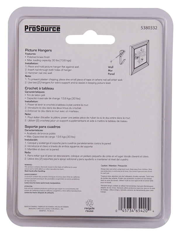ProSource PH-122306-PS Picture Hanger, 30 lb, Steel, Polished Brass, Brass, Nail