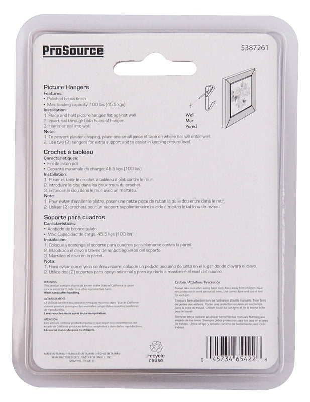 ProSource PH-122310-PS Picture Hanger, 100 lb, Steel, Polished Brass, Brass, Nail