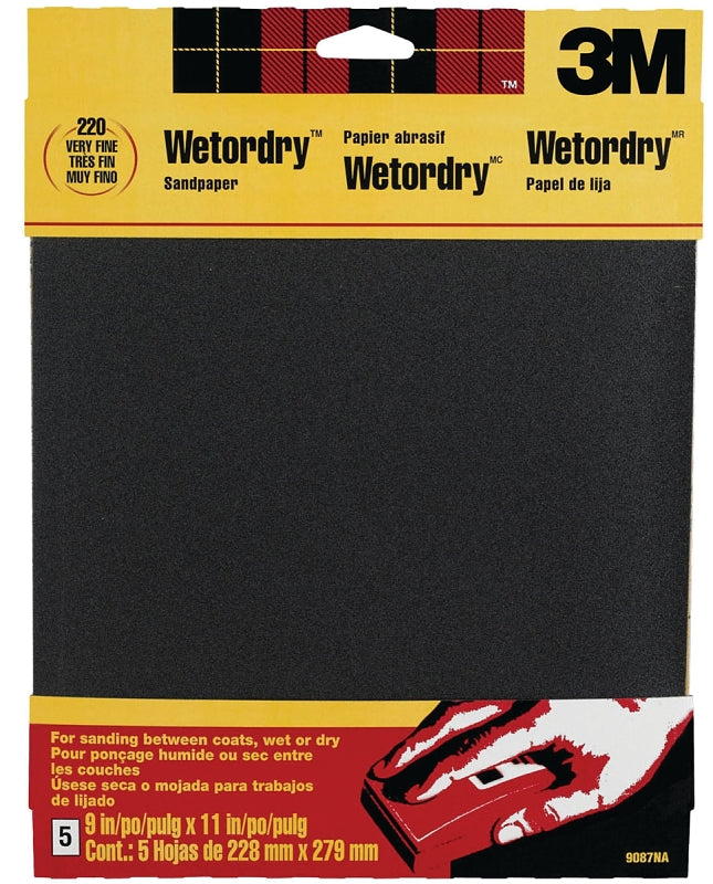 3M 9087 Sandpaper, 11 in L, 9 in W, Silicone Carbide Abrasive, 220 Grit, Very Fine