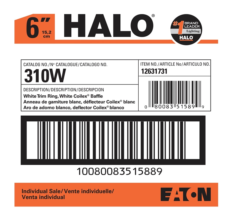 Halo Coilex 310W Baffle Trim, 6 in Dia, 3-1/16 in OAH, Phenolic Body, White, For: H7ICAT, H7ICT, H7RICAT and H7T Housing