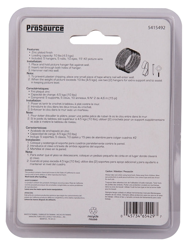 ProSource PH-121123-PS Picture Hanging Kit, 10 lb, Steel, Zinc, Zinc, Nail-In Mounting