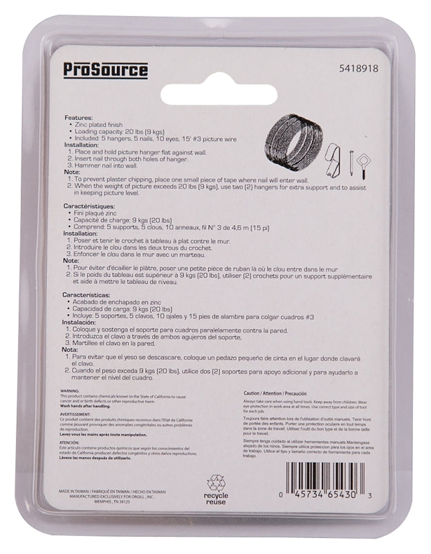 ProSource PH-121127-PS Picture Hanging Kit, 20 lb, Steel, Zinc, Zinc, Nail-In Mounting