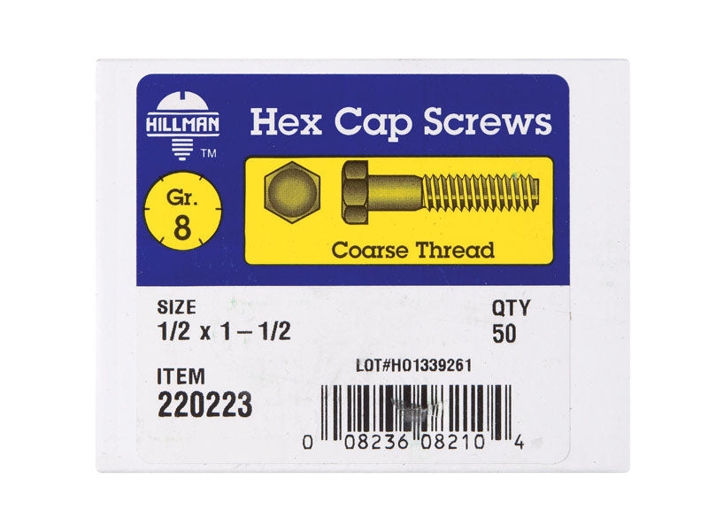 HILLMAN 1/2 in. D X 1-1/2 in. L Heat Treated Steel Hex Head Cap Screw 50 pk