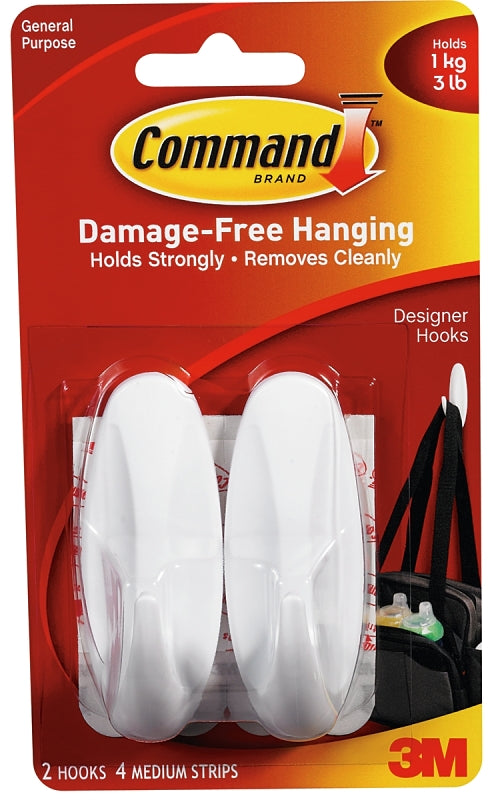 Command 17081 Medium Designer Hook, 3-1/8 in L x 1-1/8 in W x 1-1/8 in H Dimensions, 5/8 in Opening, 3 lb, 2-Hook, 2/PK, Pack of 6