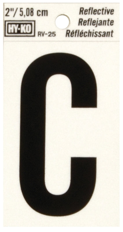 Hy-Ko RV-25/C Reflective Letter, 1-1/2 in W x 3 in H Dimensions, Character: C, 2 in H Character, Black Character, Vinyl, Pack of 10