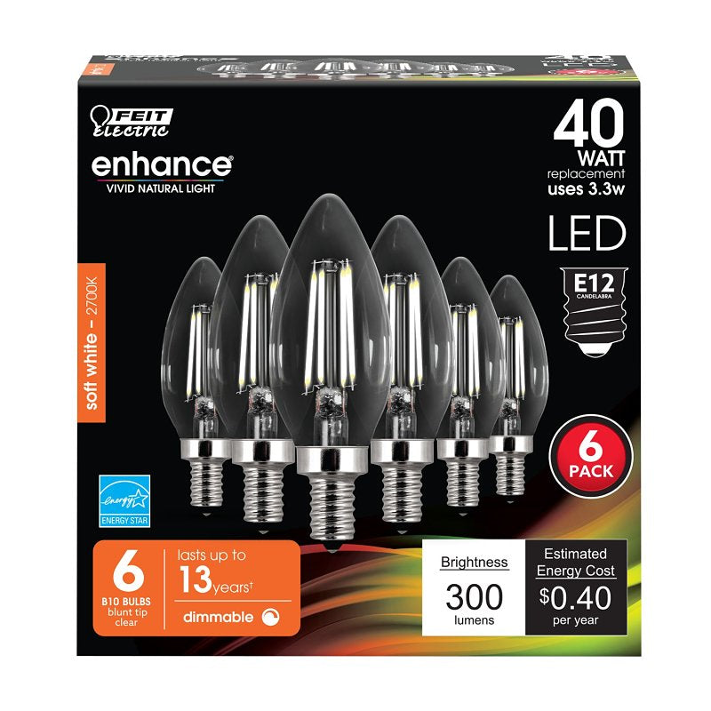 Feit Electric CTC40/927CA/FIL/6 LED Bulb, 300 Lumens, 3.3 W, B10 Lamp, 40 W Equivalent, E12 Lamp Base, Clear, 6/PK