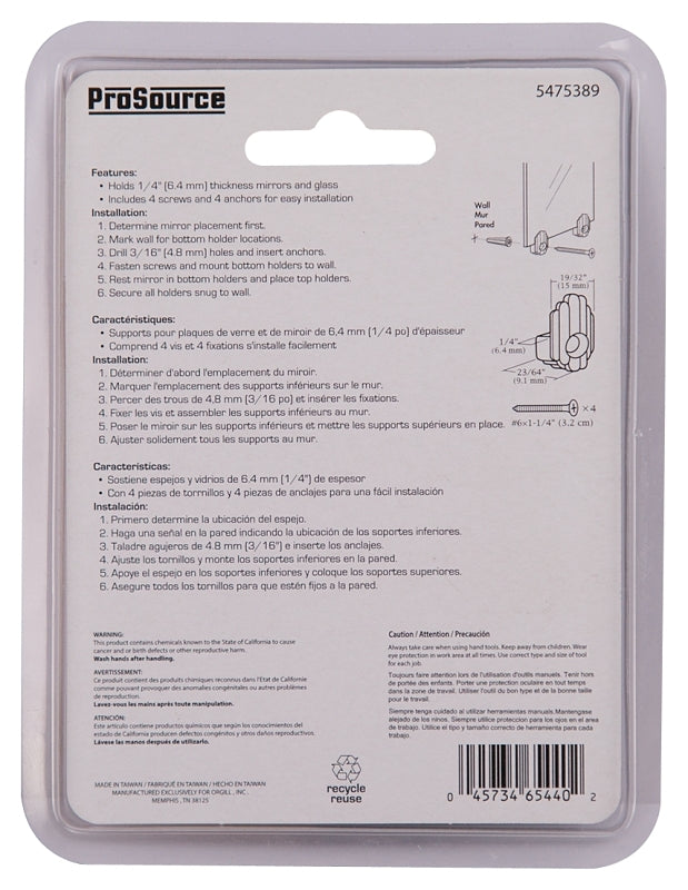 ProSource PH-121144-PS Mirror Holder, Plastic, Clear, Clear, Screw Mounting