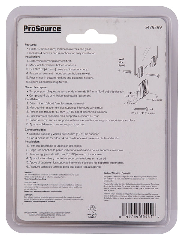 ProSource PH-122201-PS Mirror Holder, Plastic, Clear, Clear, Screw Mounting