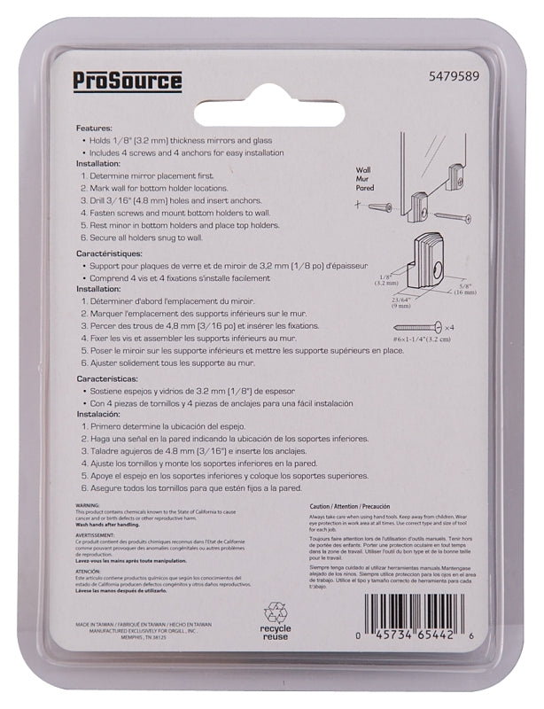 ProSource PH-122200-PS Mirror Holder, Plastic, Clear, Clear, Screw Mounting