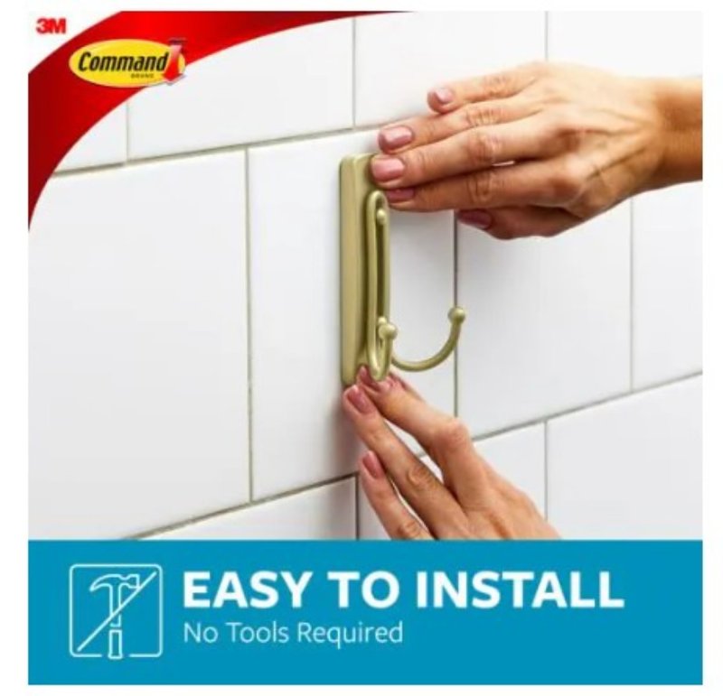 Command BATH36-BR-2ESF Large Bath Hook, 4 lb, 2-Hook, Metal, Satin Brass