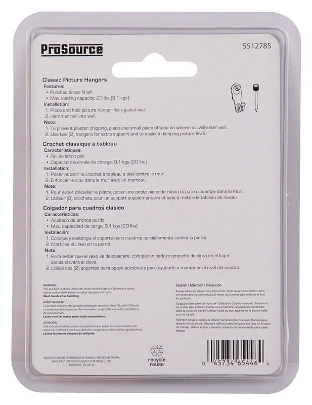 ProSource PH-122268-PS Picture Hanger, 20 lb, Steel, Polished Brass, Brass, Nail-In Mounting