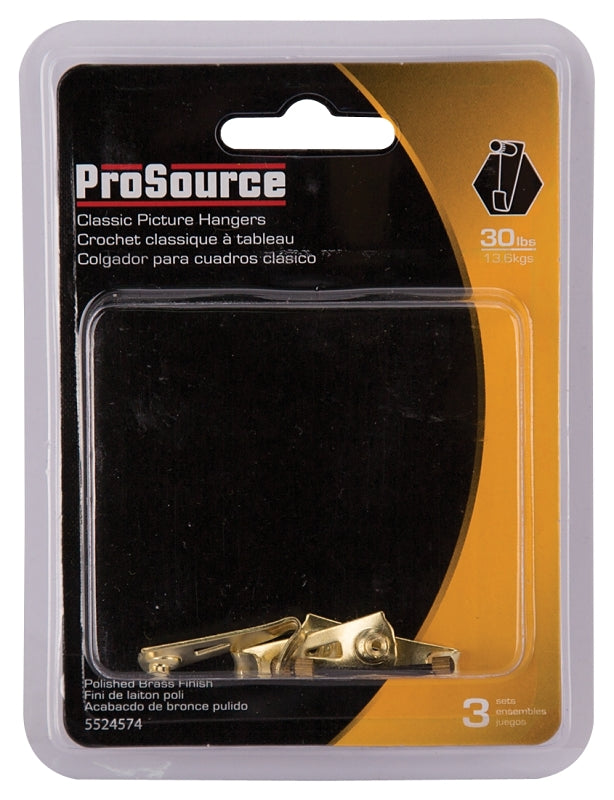 ProSource PH-122270-PS Picture Hanger, 30 lb, Steel, Polished Brass, Brass, Nail-In Mounting