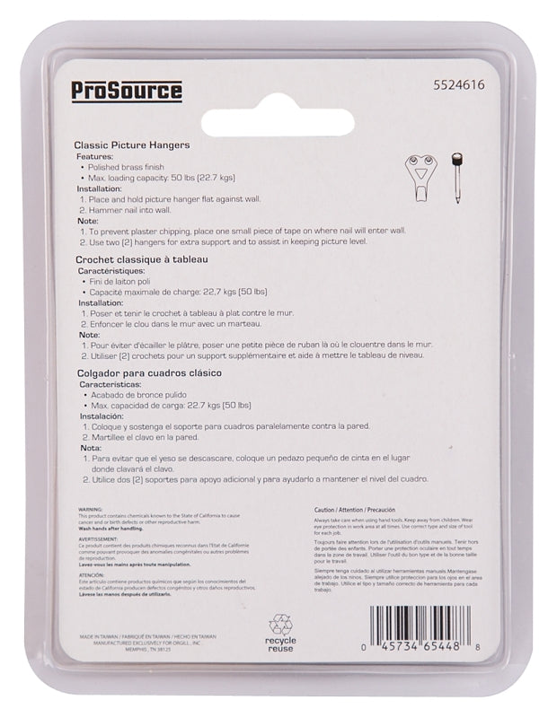 ProSource PH-122272-PS Picture Hanger, 50 lb, Steel, Polished Brass, Brass, Nail-In Mounting