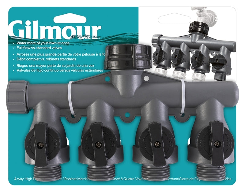 Gilmour 800414-1001 Shut-Off Valve, 3/4 in, GHT, 4-Port/Way, 60 psi Pressure, Manual Actuator, Polymer Body