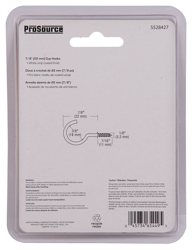 ProSource PH-122236-PS Cup Hook, 1/8 in Thread, 33 mm L, Steel, Vinyl-Coated