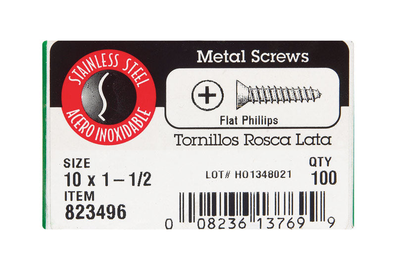 HILLMAN No. 10 X 1-1/2 in. L Phillips Flat Head Sheet Metal Screws 100 pk