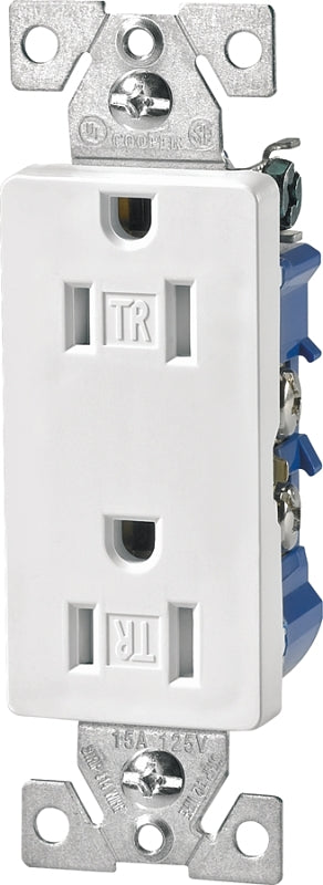 Eaton TR1107W Duplex Receptacle, 2-Pole, 15 A, 125 V, Push-in, Side Wiring, NEMA: 5-15R, White