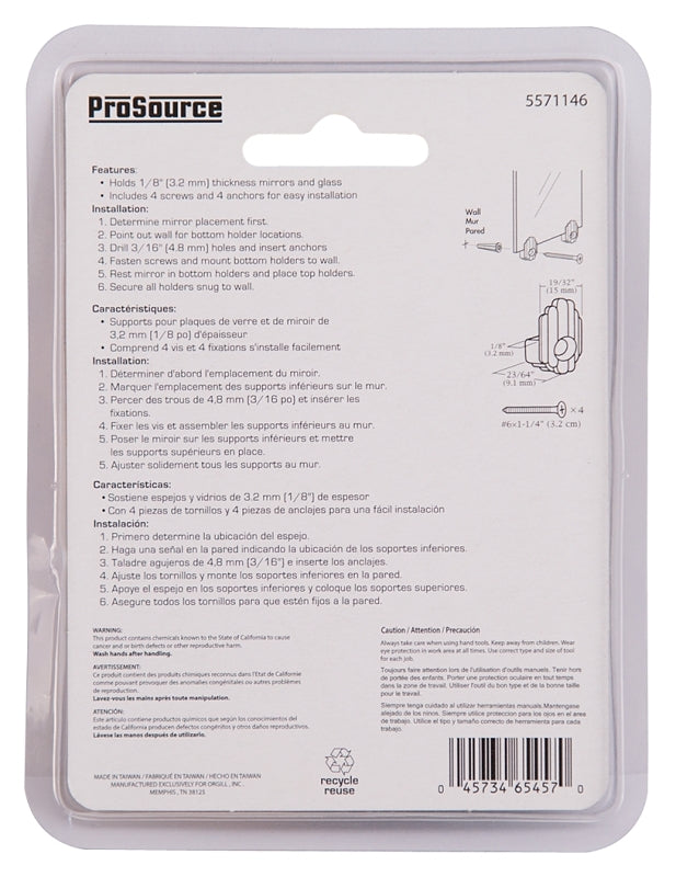 ProSource PH-121143-PS Mirror Holder, Plastic, Clear, Clear, Screw Mounting