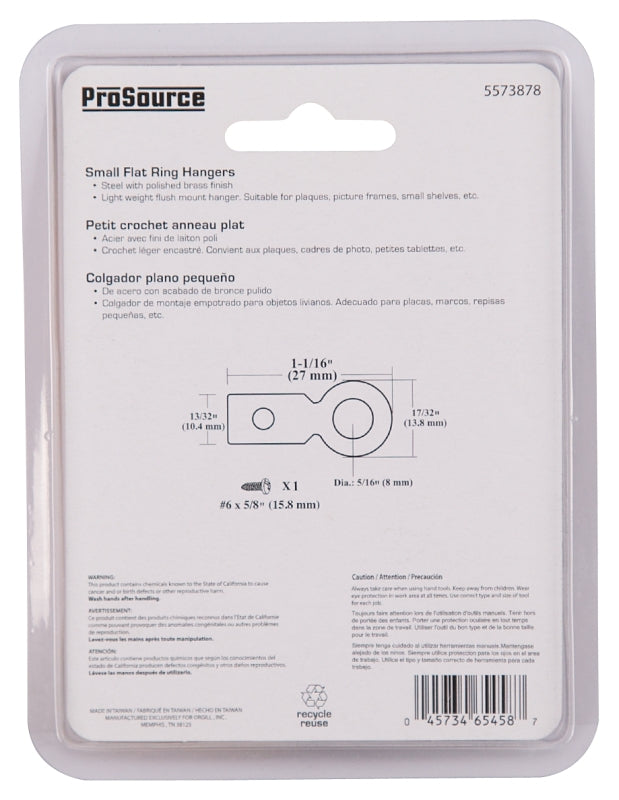 ProSource PH-122225-PS Frame Hanger, 6.5 lb, Steel, Polished Brass, Brass, Flush Mounting