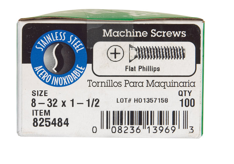 HILLMAN No. 8-32 X 1-1/2 in. L Phillips Flat Head Stainless Steel Machine Screws 100 pk