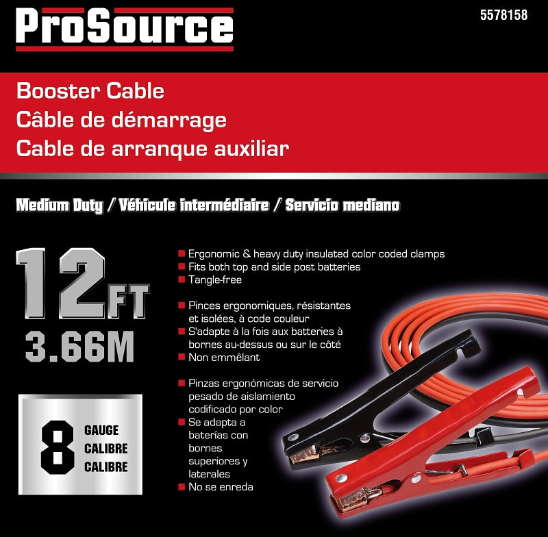 ProSource 081214 Booster Cable, 8 AWG Wire, 4-Conductor, Clamp, Clamp, Stranded, Black/Red Sheath