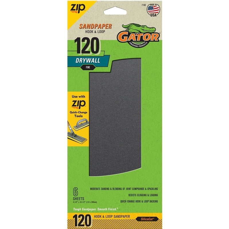 Gator Zip 7158 Sanding Sheet, 10-1/2 in L, 4-1/2 in W, 120 Grit, Fine, Silicon Carbide Abrasive