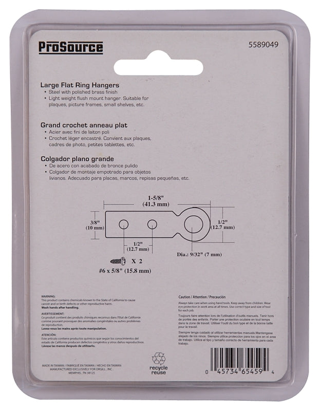 ProSource PH-122227-PS Picture Hanger, 9 lb, Steel, Polished Brass, Brass, Flush