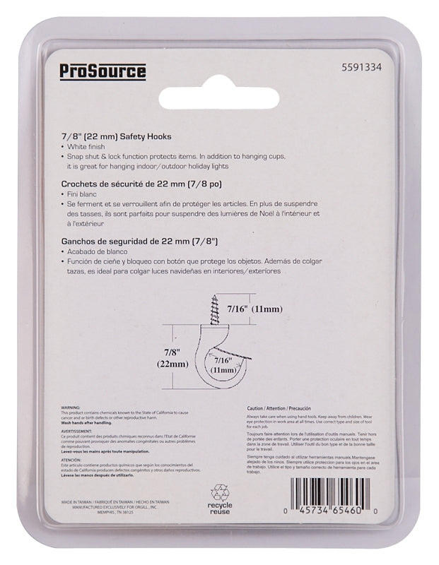 ProSource PH-122238-PS Cup Hook, 7/16 in Thread, 33 mm L, Zinc Alloy, White