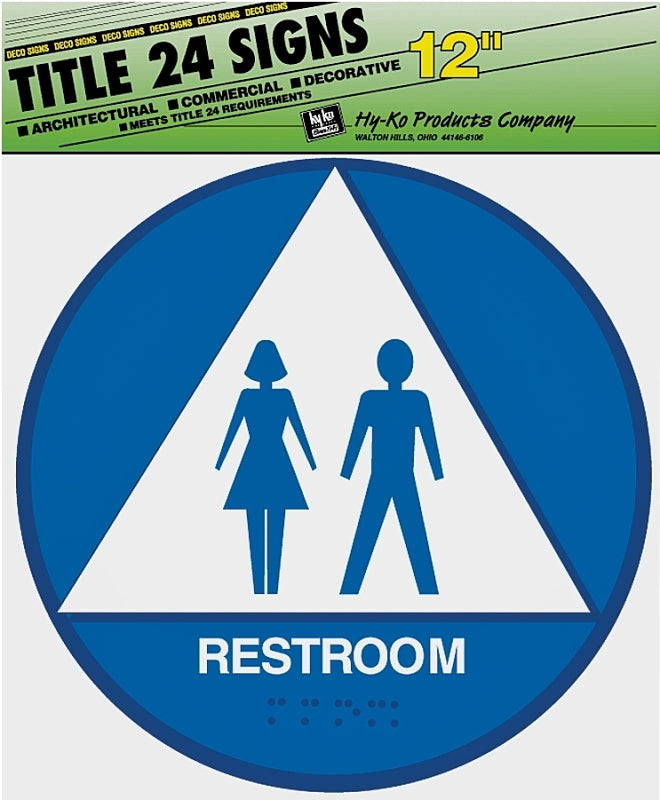 Hy-Ko T-24U Graphic Sign, Round, Triangle, REST ROOM, White Legend, Blue/White Background, Plastic, ADA Compliant, Pack of 3
