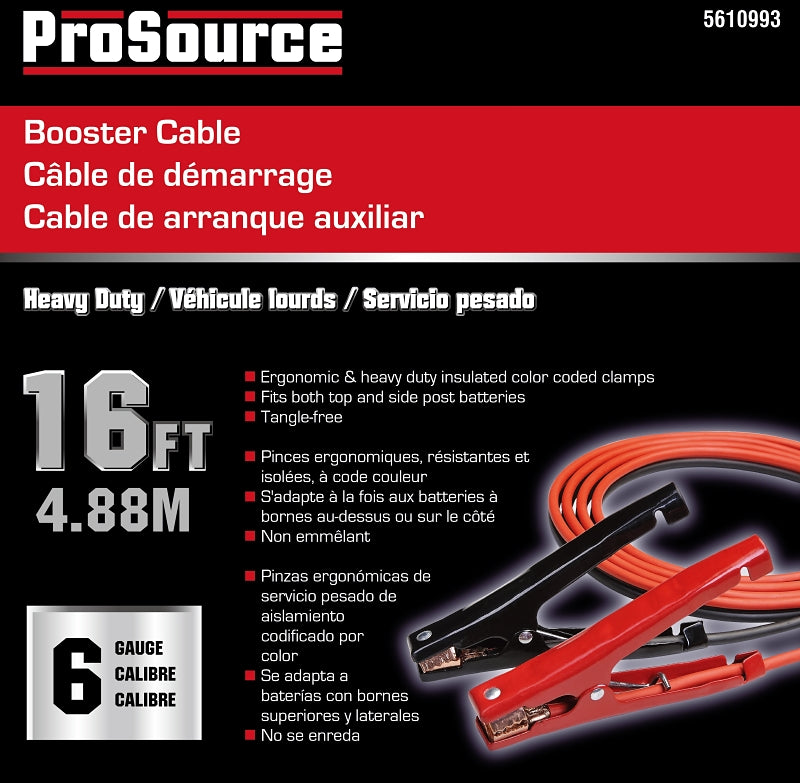 ProSource 061614 Booster Cable, 6 AWG Wire, 4-Conductor, Clamp, Clamp, Stranded, Black/Red Sheath
