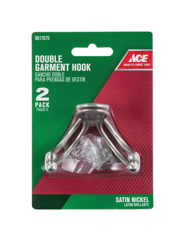 Ace 1 in. L Satin Nickel Silver Brass Small Double Garment Hook 2 pk, Pack of 5