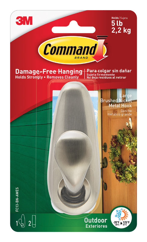 3M Command 1.62 in. L Brushed Nickel Metal Large Hook 5 lb. cap. 1 pk