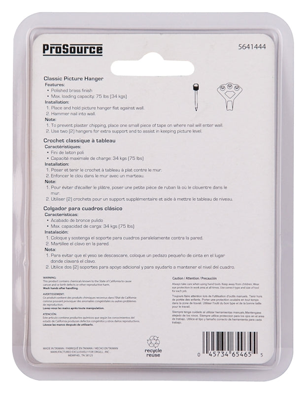 ProSource PH-122274-PS Picture Hanger, 75 lb, Steel, Polished Brass, Brass, Nail