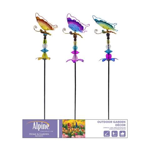 Alpine Multicolored Glass/Metal 36 in. H Butterfly/Flower/Jewels Outdoor Garden Stake, Pack of 24