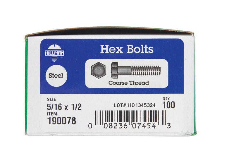 HILLMAN 5/16 in. D X 1/2 in. L Zinc Plated Steel Hex Bolt 100 pk