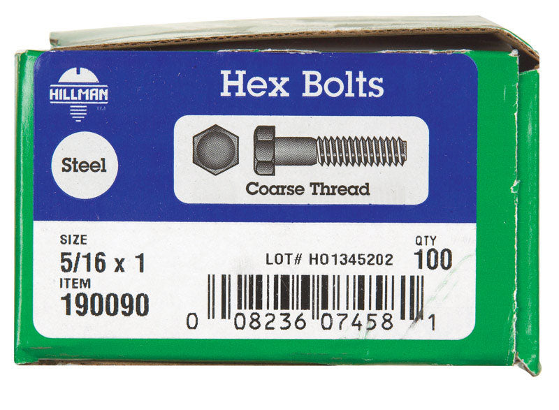HILLMAN 5/16 in. D X 1 in. L Zinc Plated Steel Hex Bolt 100 pk