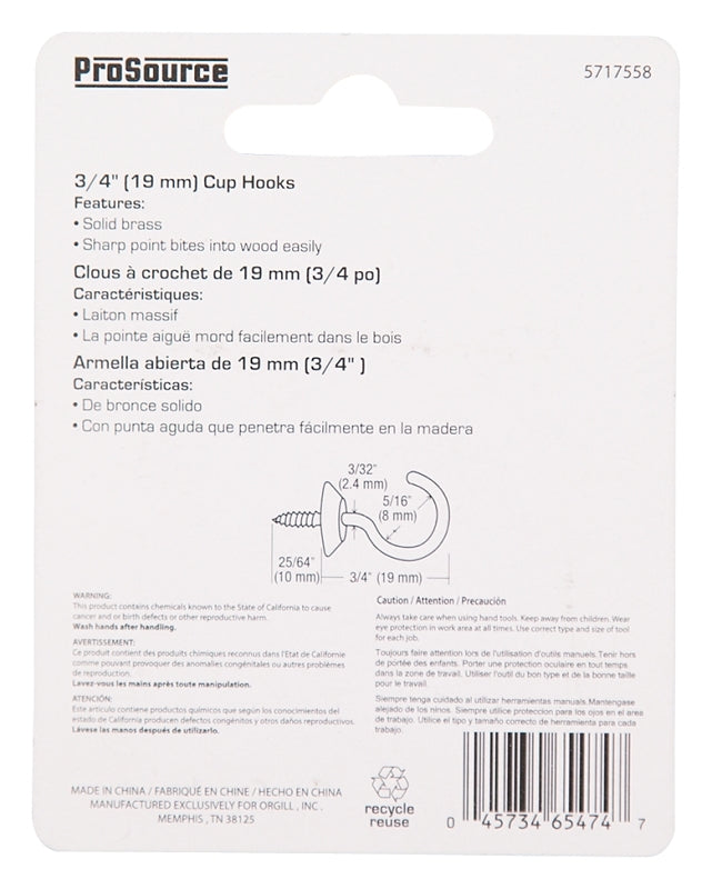 ProSource LR-383-PS Cup Hook, 5/16 in Opening, 3 mm Thread, 1-1/8 in L, Brass, Brass