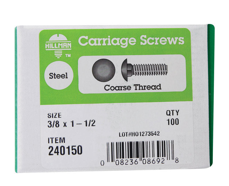 HILLMAN 3/8 in. X 1-1/2 in. L Zinc-Plated Steel Carriage Bolt 100 pk