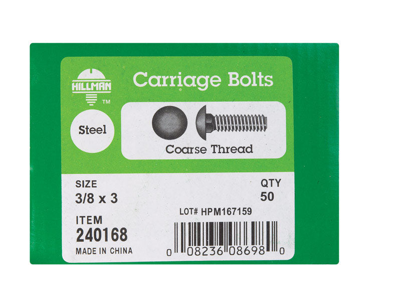 HILLMAN 3/8 in. X 3 in. L Zinc-Plated Steel Carriage Bolt 50 pk