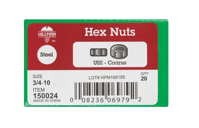 Hillman 3/4 in. Zinc-Plated Steel USS Hex Nut 20 pk