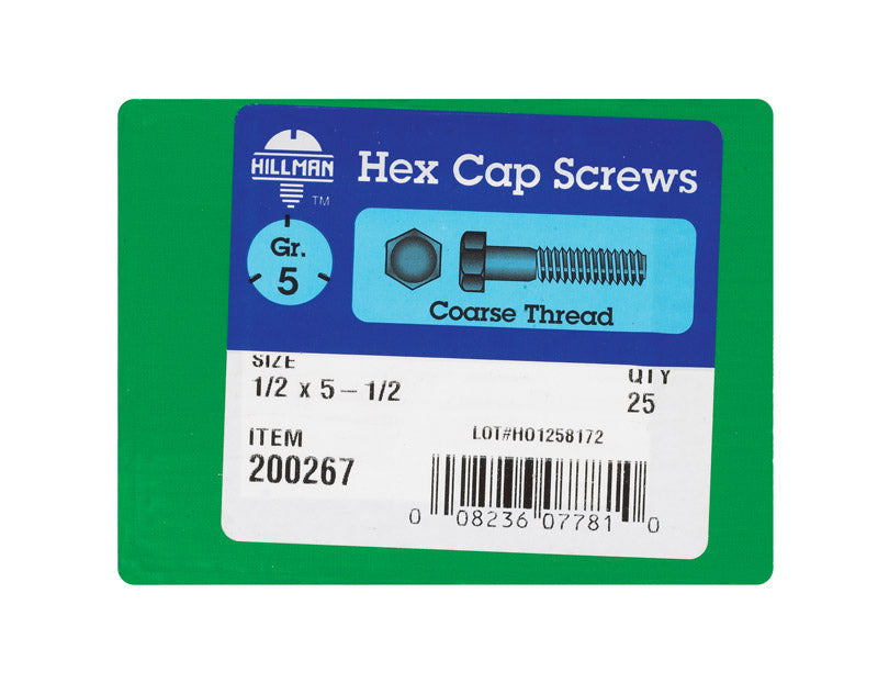 HILLMAN 1/2 in. D X 5-1/2 in. L Heat Treated Zinc Steel Hex Head Cap Screw 25 pk