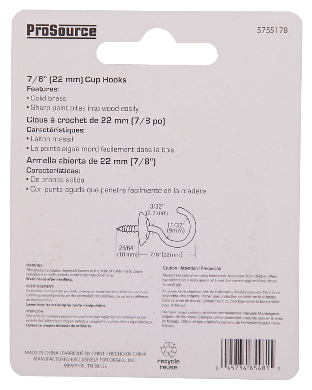 ProSource LR-391-PS Cup Hook, 11/32 in Opening, 3.2 mm Thread, 1-1/4 in L, Brass, Brass
