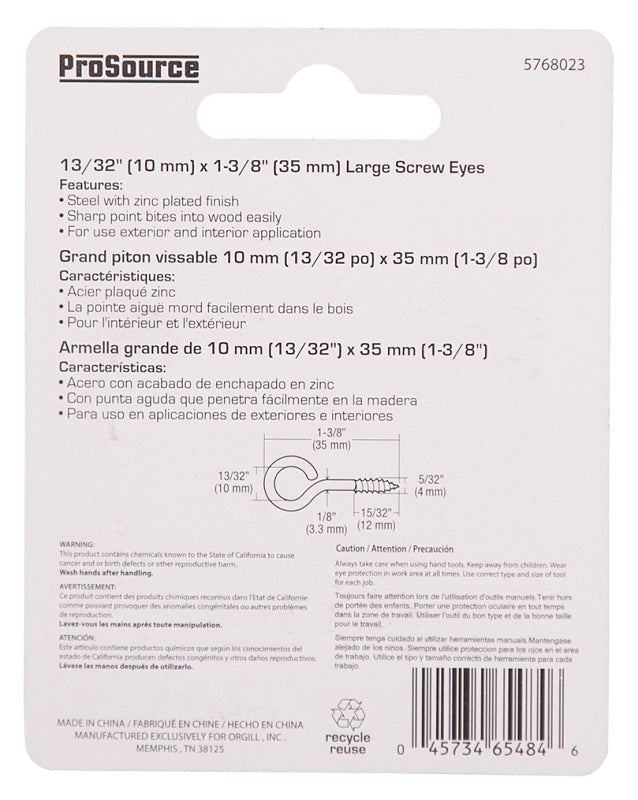 ProSource LR-206-PS Screw Eye, 3.3 mm Dia Wire, 4 mm Thread, 15/32 in L Thread, 1-3/8 in OAL, 57 lb Working Load, Steel