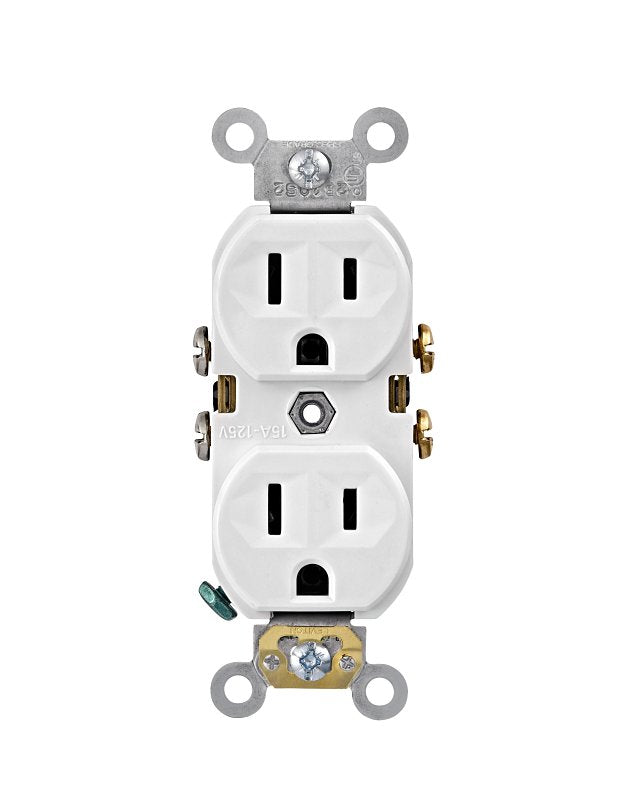 Leviton CBR15-W Duplex Outlet, 2 -Pole, 15 A, 125 VAC, Back, Side Wiring, NEMA: 5-15R, White