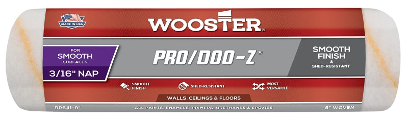 Wooster Pro/Doo-Z RR641-9 Roller Cover, 3/16 in Thick Nap, 9 in L, Fabric Cover, White