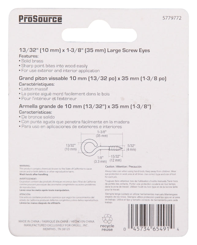 ProSource LR-242-PS Screw Eye, 4 mm Dia Wire, 4 mm Thread, 15/32 in L Thread, 1-3/8 in OAL, Brass, Brass Plated