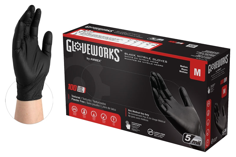 Gloveworks GPNB44100 Non-Sterile Disposable Gloves, M, Nitrile, Powder-Free, Black, 13.86 in L