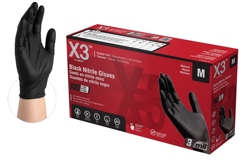 Ammex BX3 Series BX344100 Disposable Gloves, M, Nitrile, Powder-Free, Black, 9-1/2 in L