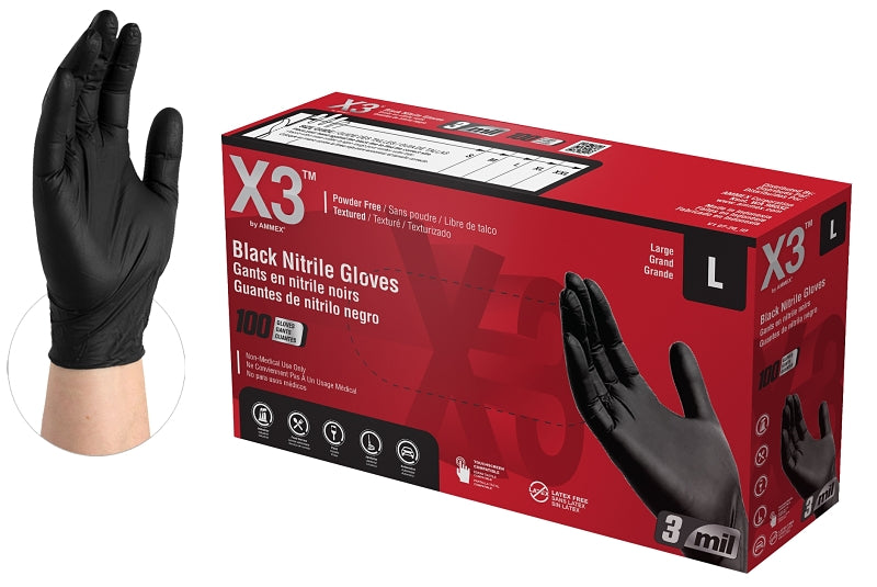 Ammex BX3 Series BX346100 Disposable Gloves, L, Nitrile, Powder-Free, Black, 9-1/2 in L